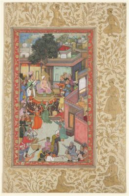   La 'Réception de Akbar par Abu'l-Fazl' : Une explosion de couleurs vives et une célébration majestueuse de l'empire moghol